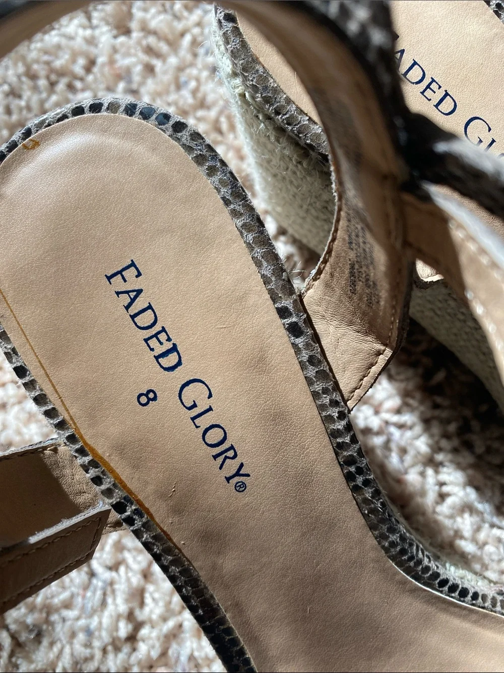 Faded Glory Snake-Print Taupe Ankle-Strap Wedge Sandals